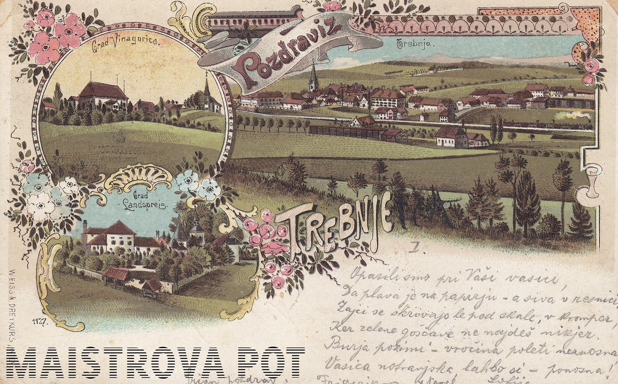 razglednica Trebnje z gradičem in cerkvijo na Vini Gorici