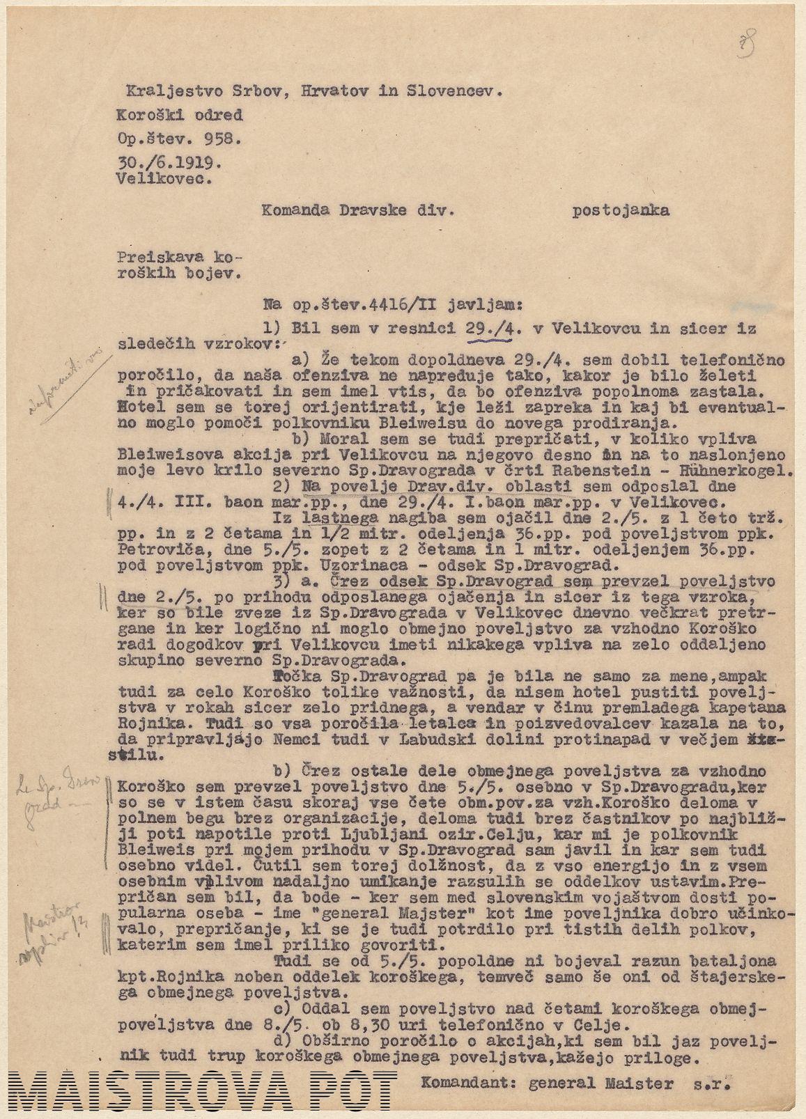Maistrov odgovor generalu Smiljaniću o njegovi vlogi v bojih za Koroško maja 1919