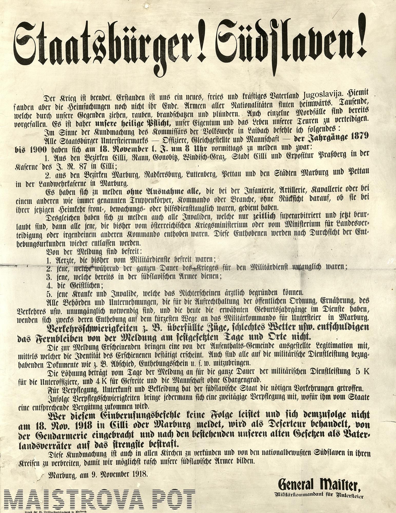 Mobilizacijski razglas v nemščini 1918